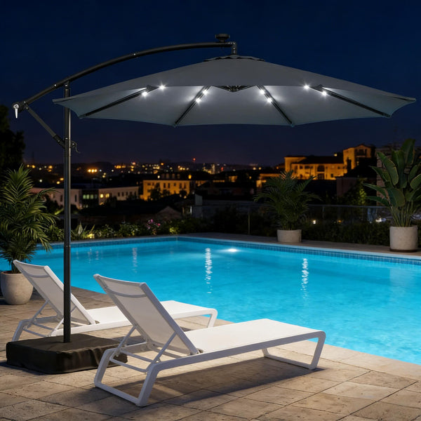 English Elm Garden Cantilever Patio Umbrella with Solar Led Lights and Upf30 Polyester Canopy Dark Gray T3971P481952