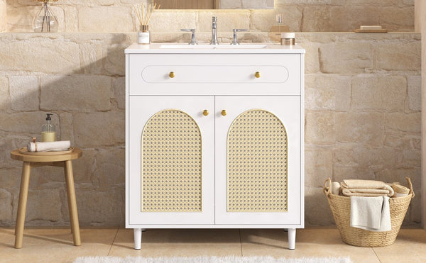 English Elm 30" Rattan Front Bathroom Vanity Solid Pine Cabinet with Ceramic Sink and Adjustable Shelf White N710P293988K
