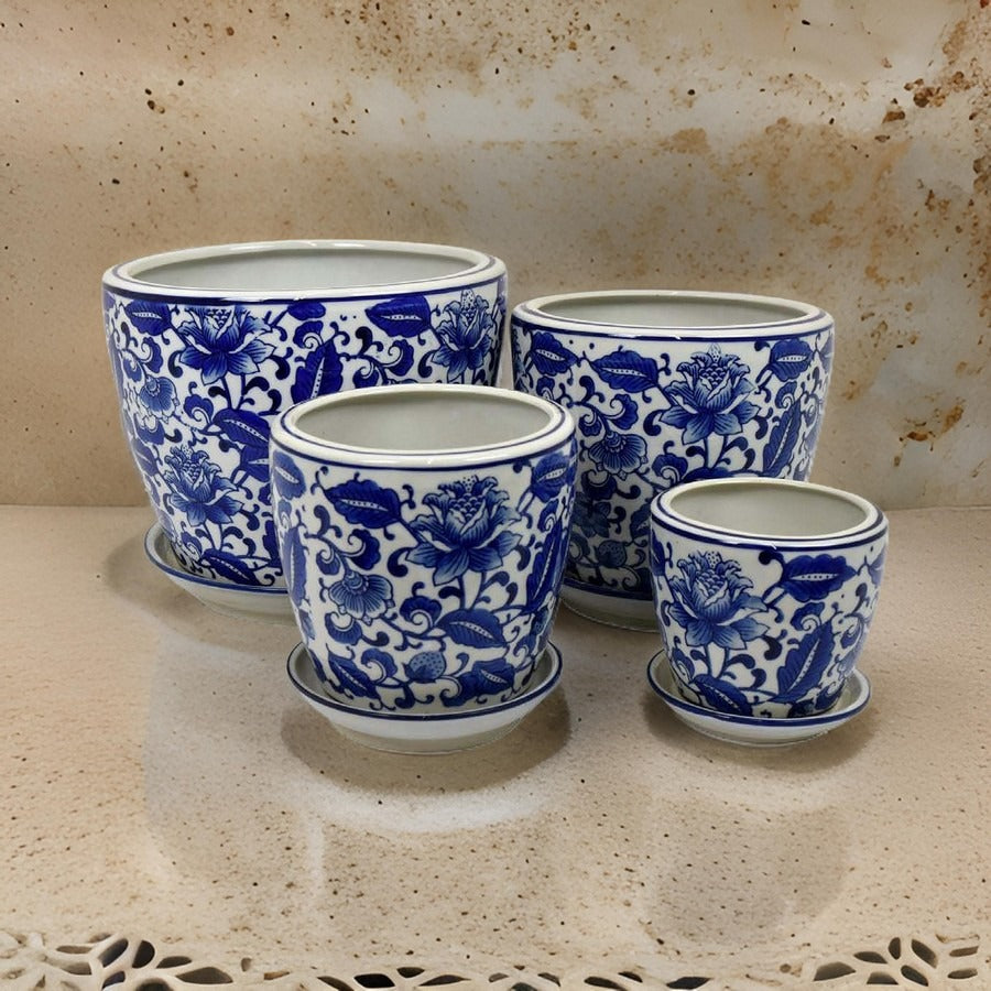 English Elm Kerry Blue Floral White Ceramic Planter Collection Four Graduated Pots for Indoor Garden Display B056P416864