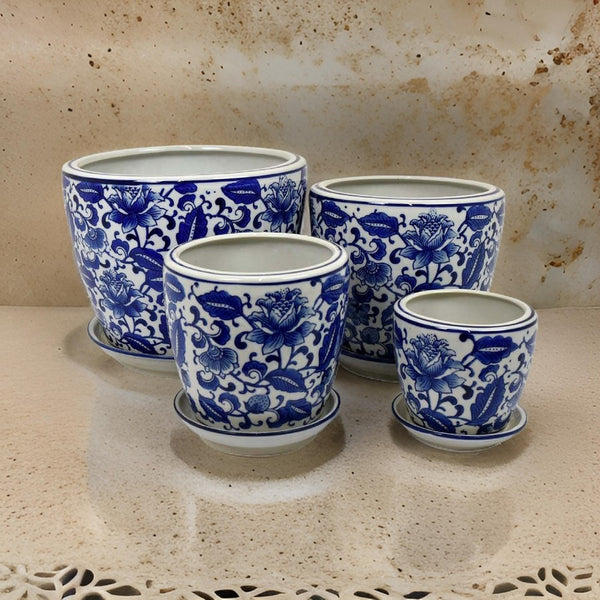 English Elm Kerry Blue Floral White Ceramic Planter Collection Four Graduated Pots for Indoor Garden Display B056P416864