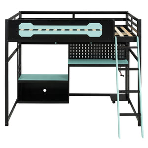 English Elm Full Size Gaming Loft Bed with Built-in Desk Led Lighting Usb Ports and Pegboard Black+Blue LT000270AAC