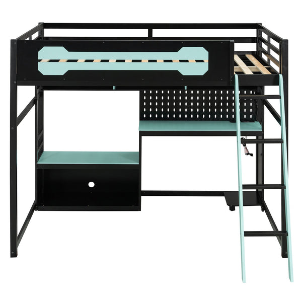 English Elm Full Size Gaming Loft Bed with Built-in Desk Led Lighting Usb Ports and Pegboard Black+Blue LT000270AAC