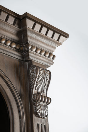 English Elm Traditional Weathered Oak Entertainment Console Hand Carved Dentil Crown Six Door Storage B2741S00759