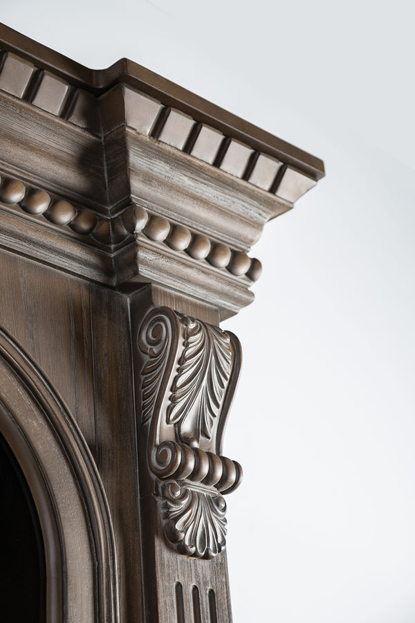 English Elm Traditional Weathered Oak Entertainment Console Hand Carved Dentil Crown Six Door Storage B2741S00759