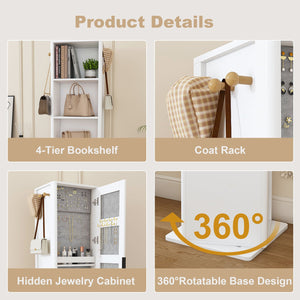 English Elm 360° Rotating Tower Cabinet with Full Length Mirror Open Shelving and Jewelry Storage White W509P456172