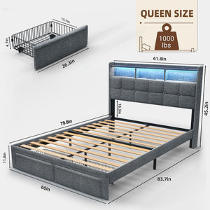 English Elm Queen LED Linen Platform Bed with USB-C/A Charging, 2 Drawers, Memory Foam Headboard, Light Gray W1550P190365