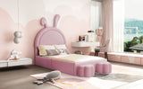 English Elm Twin Size Upholstered Rabbit-Shape Bed With 2 Storage Stools, Velvet Platform Bed With Cartoon Ears Shaped Headboard, Pink