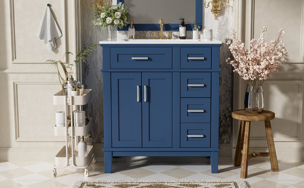 English Elm 30" Freestanding Bathroom Vanity Ceramic Sink Soft Close Cabinet Gray Wood Frame Blue N729P427118C