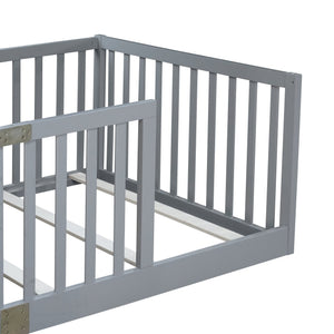 English Elm Twin House Frame Floor Bed Rubberwood with Roof Canopy and Safety Rails for Kids Grey W504P429529