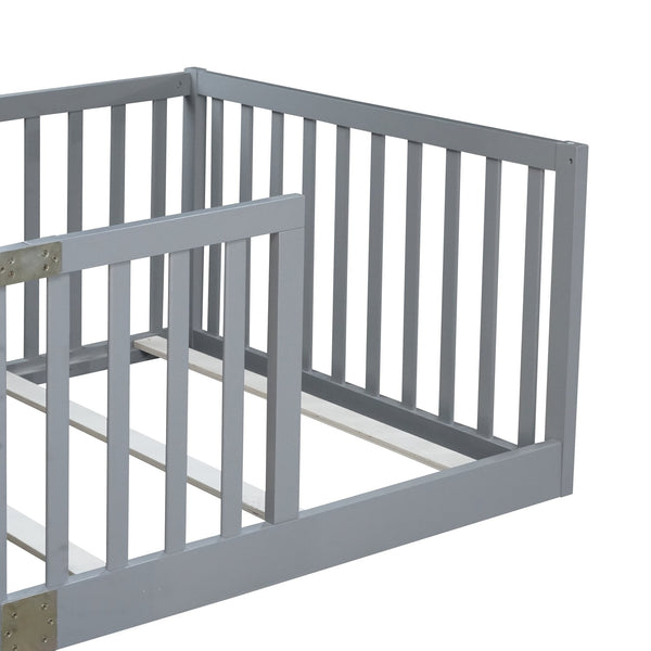 English Elm Twin House Frame Floor Bed Rubberwood with Roof Canopy and Safety Rails for Kids Grey W504P429529