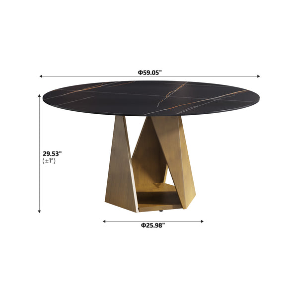 English Elm 59.05" Round Marble Dining Table – Stylish Bronze Iron Base For 6-8 People, Perfect For Modern Spaces W1535S00412