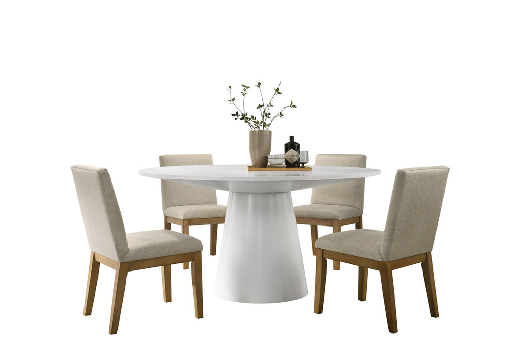 English Elm Jacopo Round Pedestal Dining Set Seats Four with Beige Upholstered Chairs Modern White B2749S00004