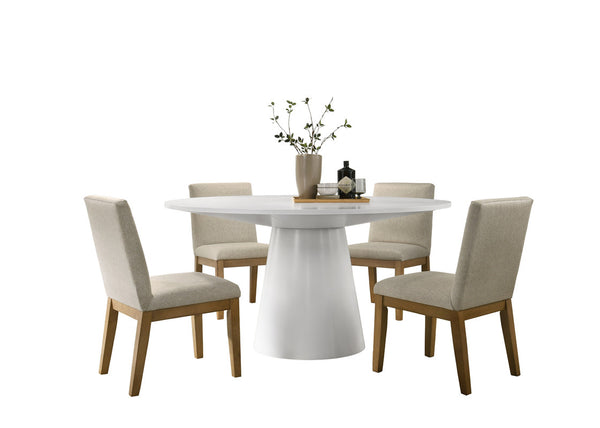 English Elm Jacopo Round Pedestal Dining Set Seats Four with Beige Upholstered Chairs Modern White B2749S00004