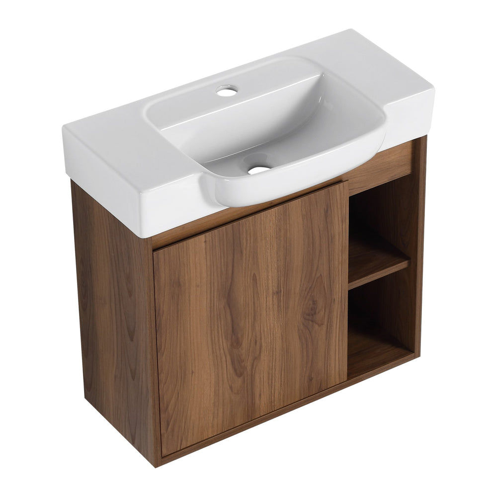 English Elm 24'' Wall-Mounted Bathroom Vanity with White Ceramic Sink, Soft-Close Door, Open Shelves, Moisture-Resistant Finish W999P263406