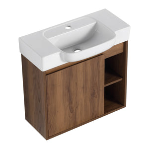 English Elm 24'' Wall-Mounted Bathroom Vanity with White Ceramic Sink, Soft-Close Door, Open Shelves, Moisture-Resistant Finish W999P263406