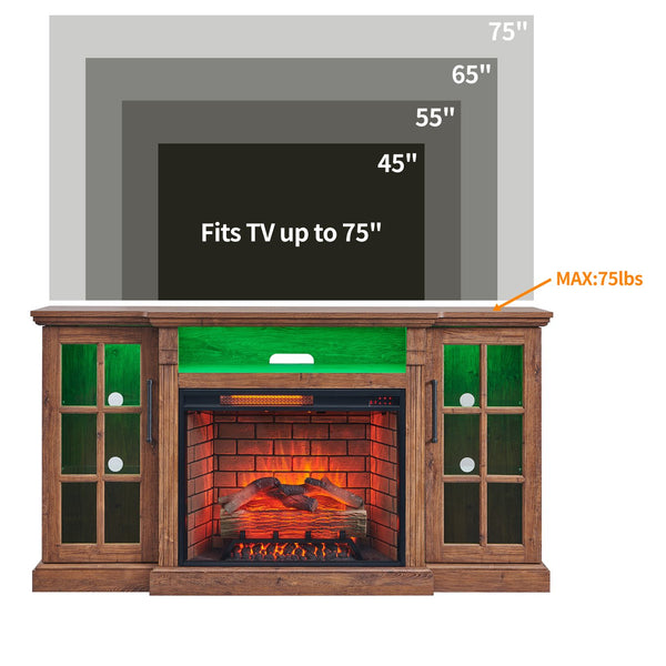 English Elm 65" Fireplace Tv Stand with Led Glass Cabinets and Electric Flame for Rooms up to 400 Sq Ft W1769S00017