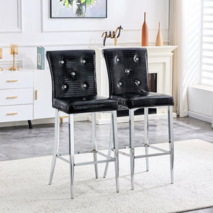English Elm A Set of 2 Crocodile Embossed Pvc Barstools with Crystal Clasp Detail for Home Bars Black W3875P383114