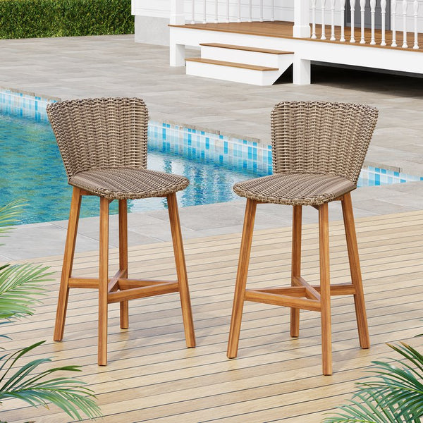 English Elm Christopher Knight Home® - Lymington Outdoor Bar Stool Set of 2 — Durable Acacia & Wicker Craft, Ergonomic 105° Backrest Comfort Light Brown,Teak N775P278094B