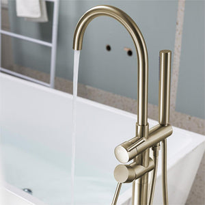 English Elm Floor Mount freestanding bathtub faucet with matte black finish, high-flow single-handle tub filler with handheld shower and 360° swivel spout, durable stainless steel and brass construction Brushed Gold T3177P277534
