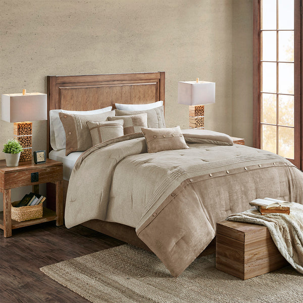 JLA Home Madison Park - 7 Plush Faux Suede Comforter Set with Earthy Textured Print, Decorative Pillows, Rustic Lodge Style 92 L x 104 W x 1.5H MP10-6435