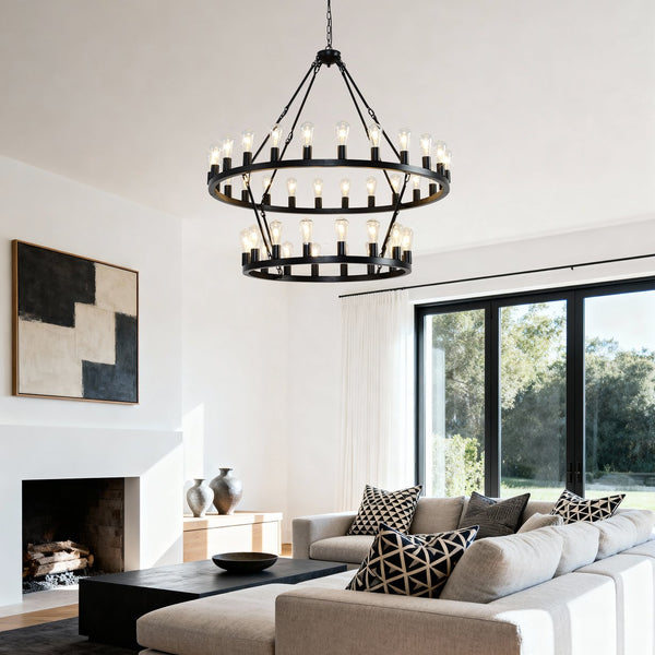 English Elm 47.24 Inch Matte Black Wagon Wheel Chandelier 36 Light Farmhouse Metal Fixture W5008P389243