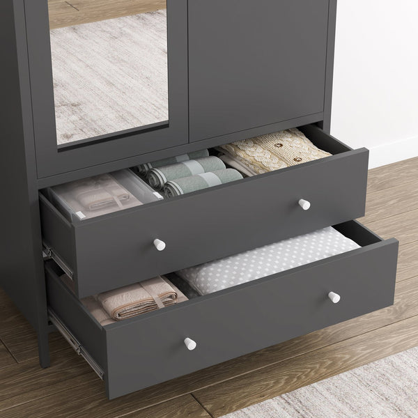 English Elm Metal Armoire Retro Steel Wardrobe with Mirror Door, 2 Drawers, Hanging Rod & Magnetic Closure, Dark Gray W2378P176281