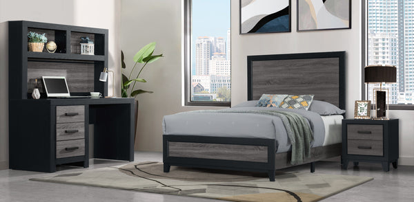 English Elm SOLUTO Twin Bed Frame in Black & Rustic Gray Wood Inlay – Solid Wood & MDF, Twin Slat Design B201P226200