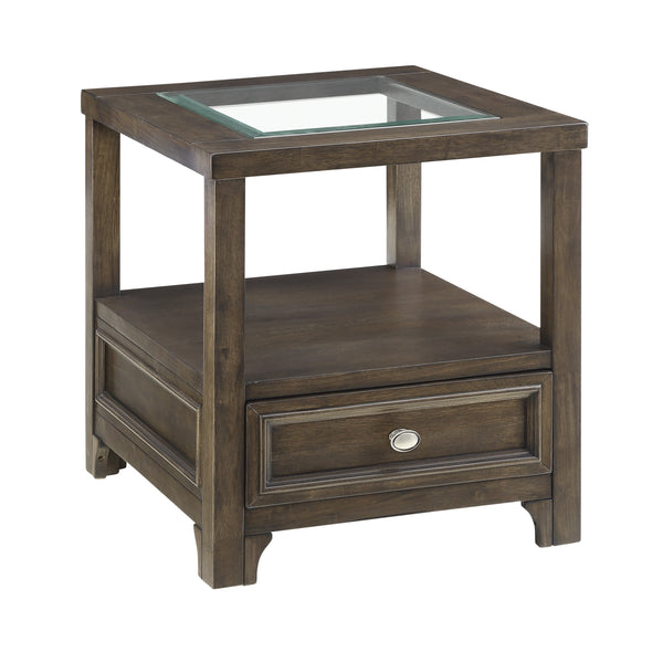 English Elm Modern Birch Veneer End Table with Glass Top Drawer and Open Shelf for Living Rooms B011P460074