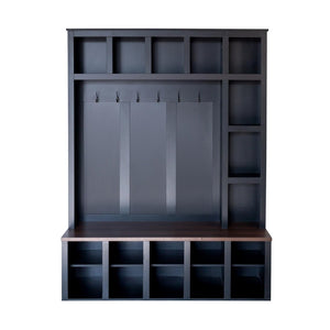 English Elm On-Trend Farmhouse Hall Tree With 6 Hooks & Storage Bench – 4-In-1 Entryway Organizer In Walnut & Black N721S000044B-GIGA