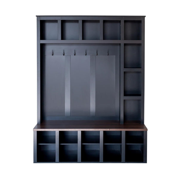 English Elm On-Trend Farmhouse Hall Tree With 6 Hooks & Storage Bench – 4-In-1 Entryway Organizer In Walnut & Black N721S000044B-GIGA