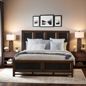 English Elm King King Size Panel Bed with Two-Tone Rustic Buckeye & Black Finish, Pine Solids, Arts & Crafts Style B108S00012