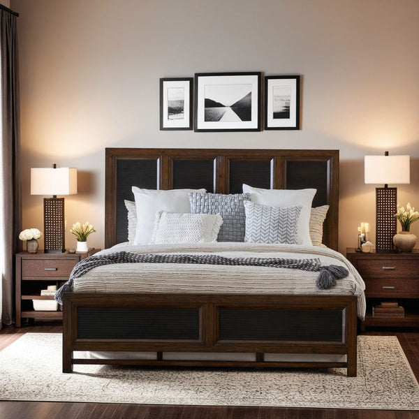 English Elm King King Size Panel Bed with Two-Tone Rustic Buckeye & Black Finish, Pine Solids, Arts & Crafts Style B108S00012