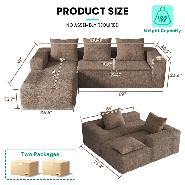 English Elm 106" Modular Sectional Couch Dark Coffee - Boneless L-Shape Chaise, Corduroy Cloud Sofa, No Assembly, Deep Seat Comfort W3795S00001