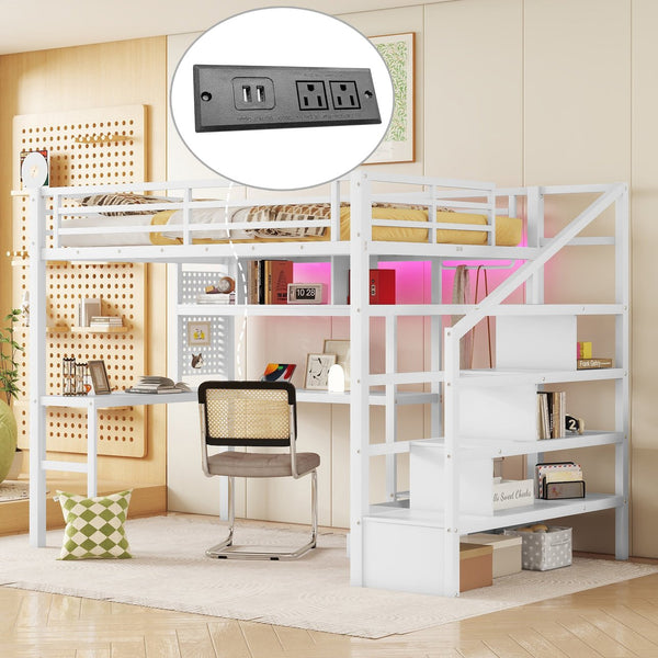 English Elm Full Size Loft Bed With Integrated Led, Workspace & Storage, Stylish Metal Frame For Kids' Rooms W2593S00018