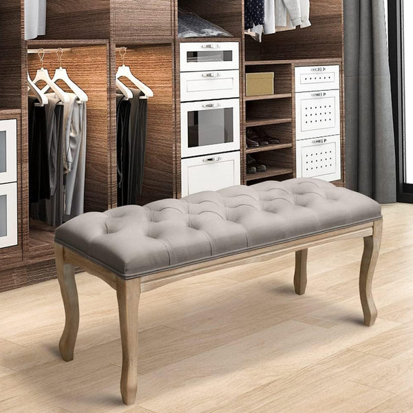 English Elm Bedroom Bench Tufted Linen Seat with Carved Distressed Wood Legs French Country Style Grey W3244P493669