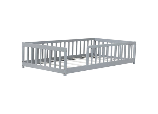 English Elm Twin Solid Rubberwood Floor Bed with Full Perimeter Safety Rails for Toddler Rooms Grey W504P296793