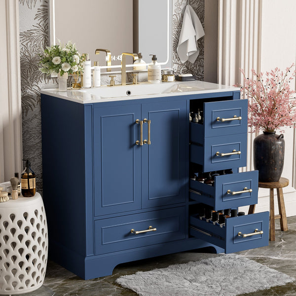 English Elm 36" Traditional Bathroom Vanity with Ceramic Sink, Solid Wood Cabinet, Soft-Close Doors & Drawers Blue N729P251630C