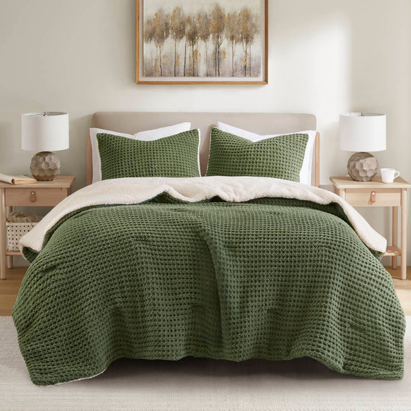 JLA Home Madison Park - Cable Chenille Comforter Set with Sherpa Reverse, Oeko-Tex Plush Cable-Knit Comfort & Durability Olive MP10-8886