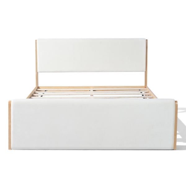 English Elm Queen Platform Bed Natural Wood Frame Beige Upholstered Headboard Low Profile N758Q909899N