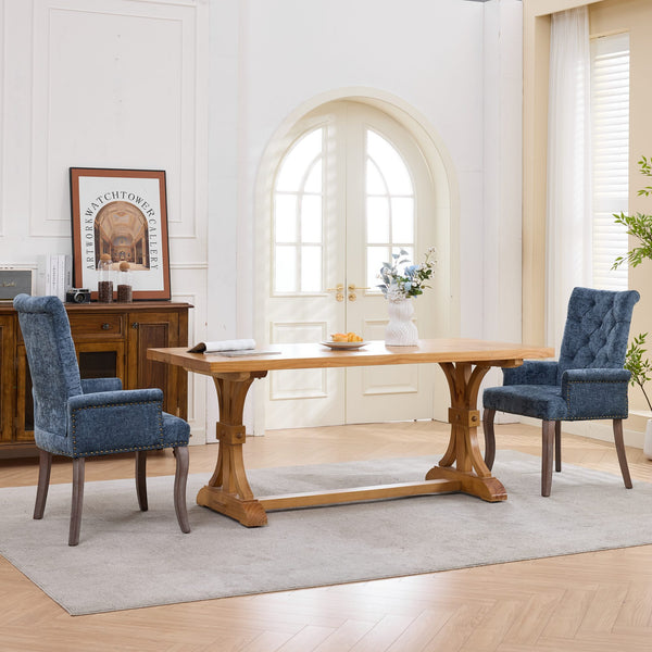 English Elm Upholstered Chenille Club Dining Chair Tufted High Back with Curved Solid Wood Legs Blue W1143P449346