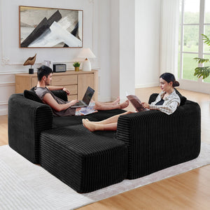 English Elm 114" Cloud Sectional Couch with L-Shape Chaise Modular Corduroy Sofa with Movable Ottoman, No Assembly Required, Plush Comfort for Living Spaces Black W1117P371650