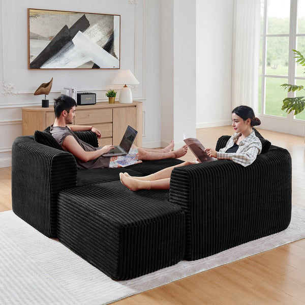 English Elm 114" Cloud Sectional Couch with L-Shape Chaise Modular Corduroy Sofa with Movable Ottoman, No Assembly Required, Plush Comfort for Living Spaces Black W1117P371650