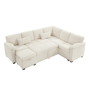 English Elm 97 Inch L-shaped Chenille Sectional Sofa with Sleeper Storage Ottoman 7 Seats Beige W1669S00017