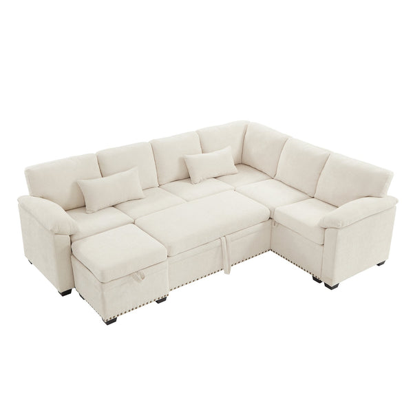 English Elm 97 Inch L-shaped Chenille Sectional Sofa with Sleeper Storage Ottoman 7 Seats Beige W1669S00017