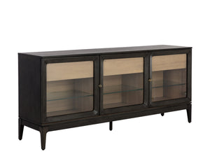Sunpan Cecilia Sideboard - Elegant Mid-Century Design with Glass Doors, Smoke Grey Acacia & Brass Handles