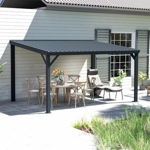English Elm 10x14ft Lean to Hardtop Gazebo Wall Mounted Steel Roof Shelter for Deck Porch Gray W1859S00195