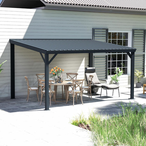 English Elm 10x14ft Lean to Hardtop Gazebo Wall Mounted Steel Roof Shelter for Deck Porch Gray W1859S00195