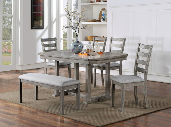 English Elm Dining Table Set With 4 Chairs & Bench - Rustic Grey Finish, Cozy Fabric Seats For Family Meals B011S01474
