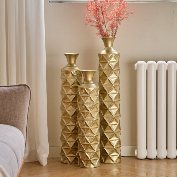 English Elm Metal Antique Gold Decorative Vase Set Of 3 - Modern Geometric Design With 3D Triangle Pattern W2796P193603