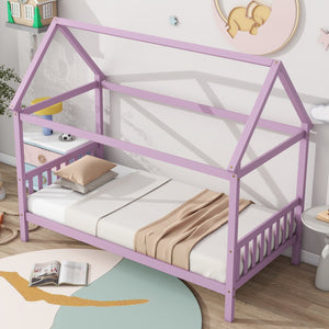 English Elm Twin House Bed with Headboard and Footboard — Space-Saving Rubberwood Frame, Playful Architectural Design Pink W504P225964